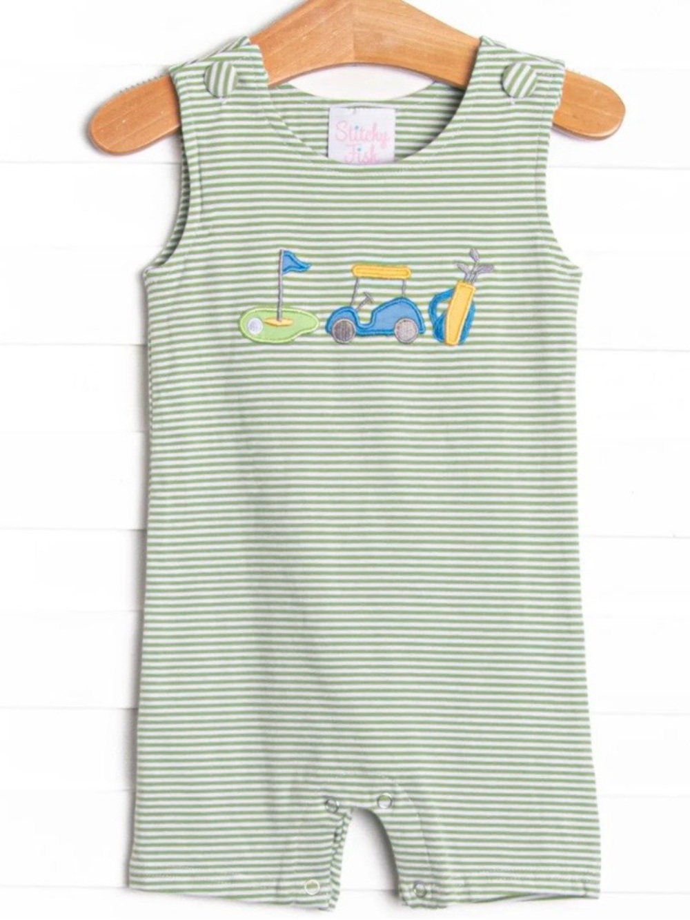 Stitchy Fish Golf Course Greens Appliqué Jon Jon in Green Stripes, size 2T